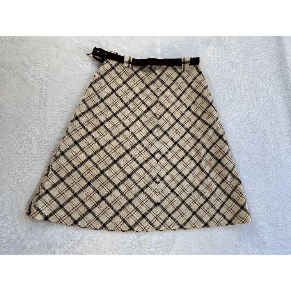 Vintage 1960s Plaid Belted Knee Length Skirt Size 12/ Waist 26" Cream/Brown